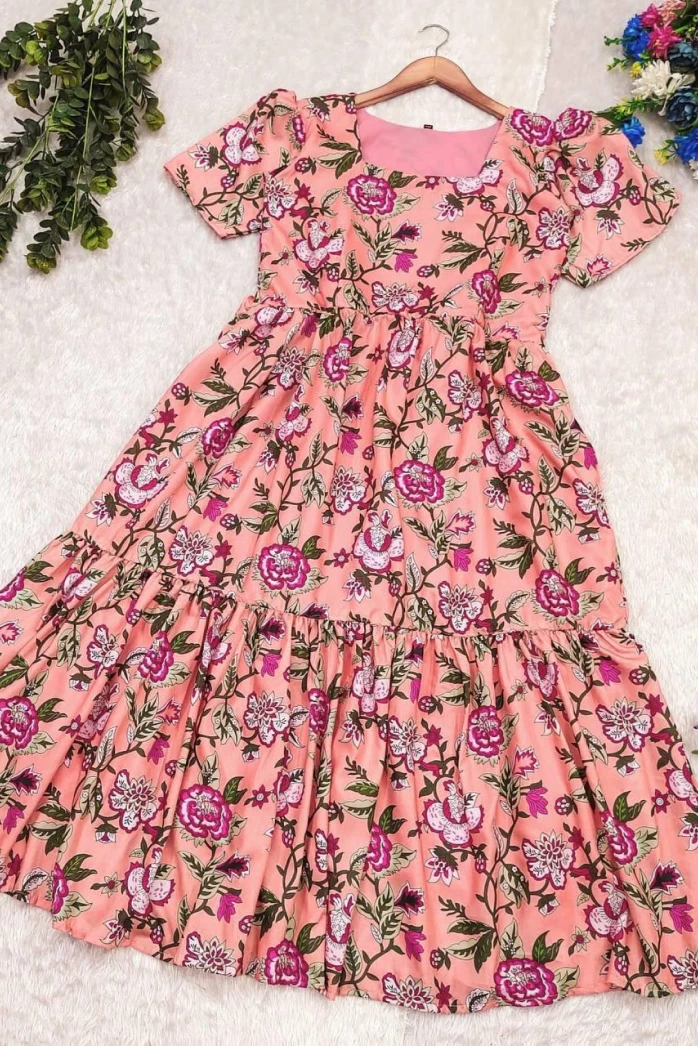 Peach Floral Printed Cotton Dress